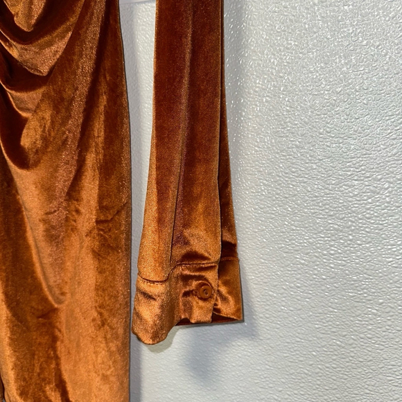 Women’s Long Sleeve Bodycon Dress Turn-Down Collar Velvet Ruched Rust Orange M - Picture 5 of 12